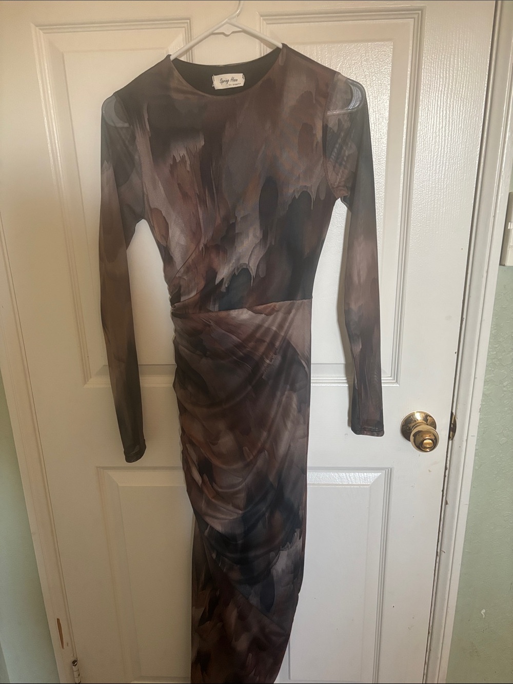 superdown Long Sleeve Marble-Print Midi Dress in Brown and Tan